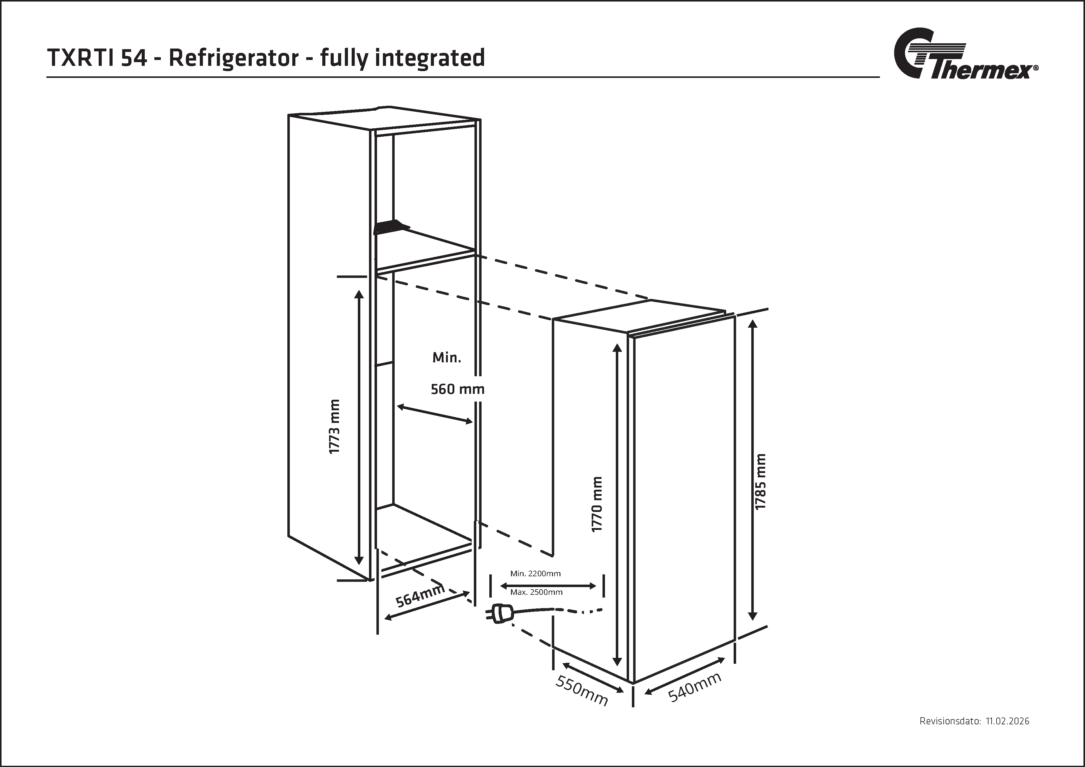 TXRTI 54 - Køleskab - fuldt integreret, 177 cm